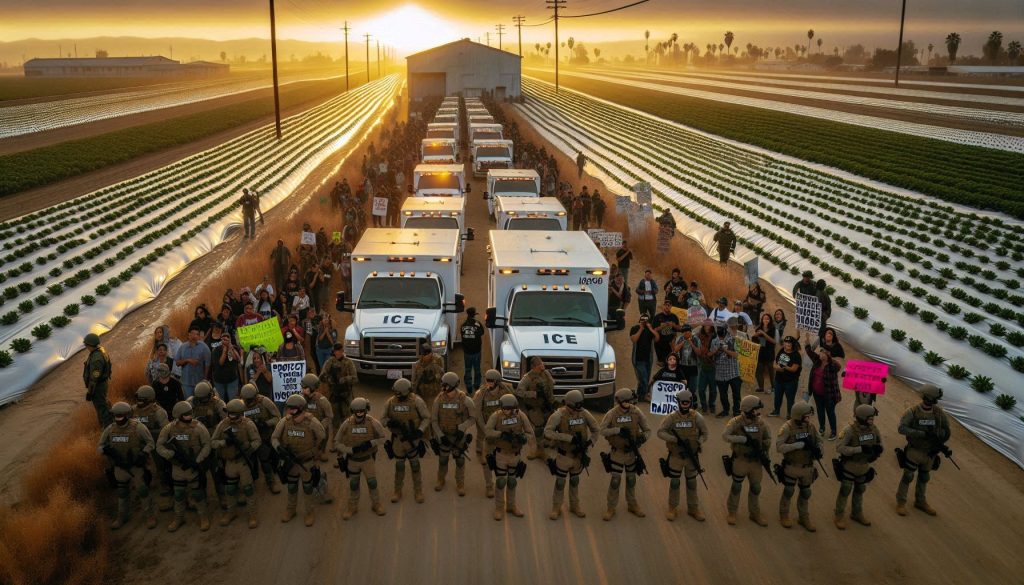 AI generated. Federal agents in tactical gear facing protesters holding signs at a California farm during an immigration raid.