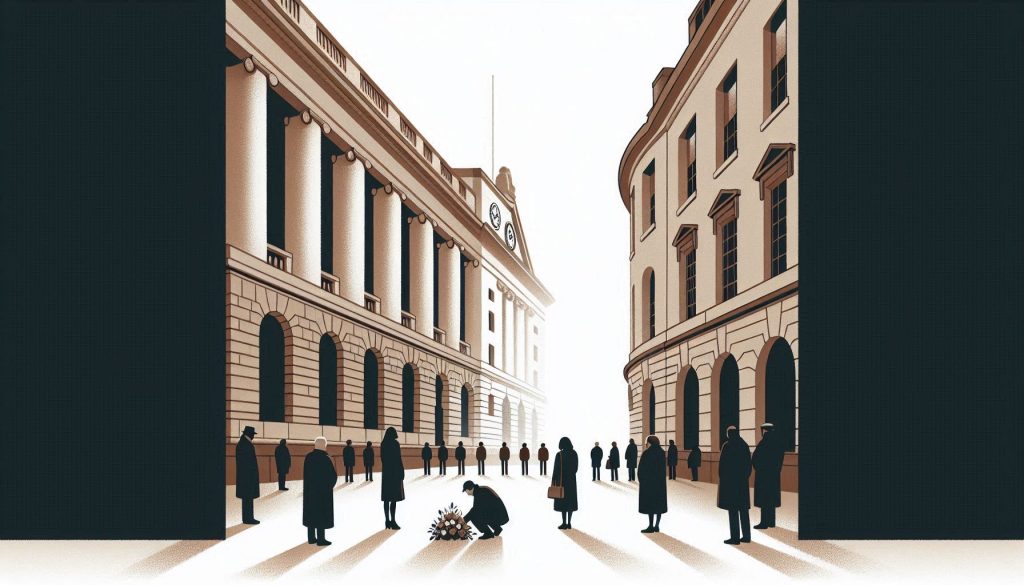 Outside a British post office building. A few people stand quietly nearby, some with bowed heads or holding flowers.